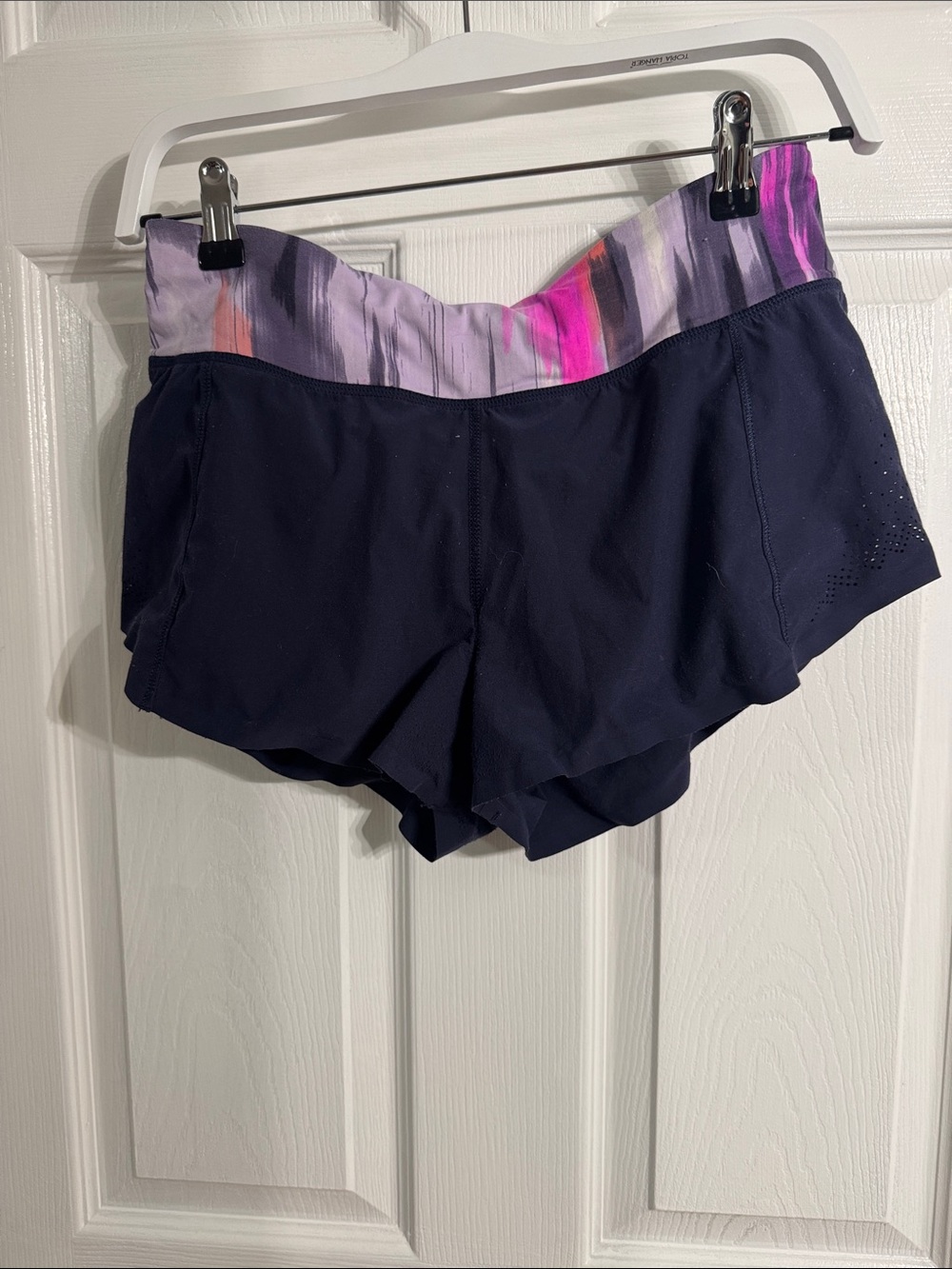 Women’s Lululemon Athletic Navy Shorts with Lavender-Pink Waistband